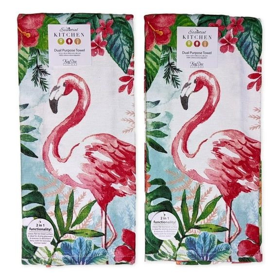 Set of 2 TROPICAL VIBES Pink Flamingo Terry Kitchen Towels by Kay Dee Designs
