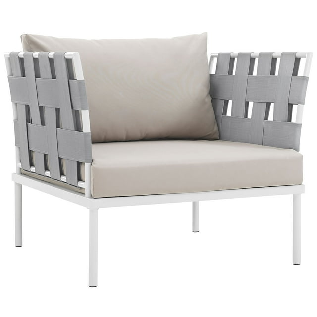 Modern Contemporary Urban Design Outdoor Patio Balcony Lounge Chair, Beige White, Rattan