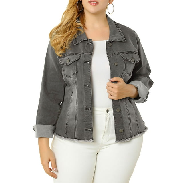 GRACE & GRANDEUR Juniors Plus Size Outfits Classic Washed Front Frayed Denim Jacket
