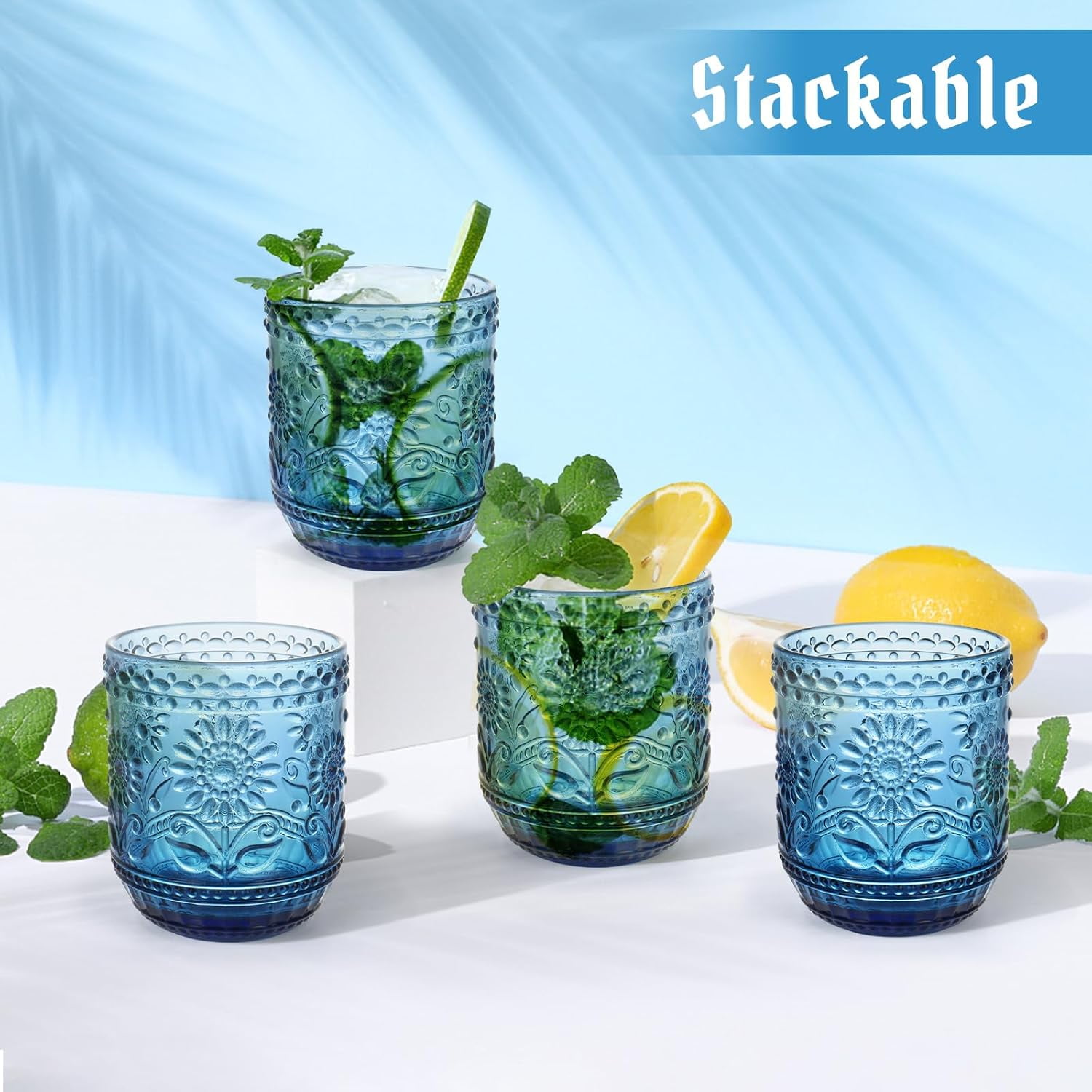 NANAHuang Vintage Drinking Glass Set of 4,12 oz Embossed Floral Drinkware Set,Green Drinking Glasses Cups Wine Glasses Colored Glassware for Whisky,Beer,Juice,Cocktail,Heavy Duty