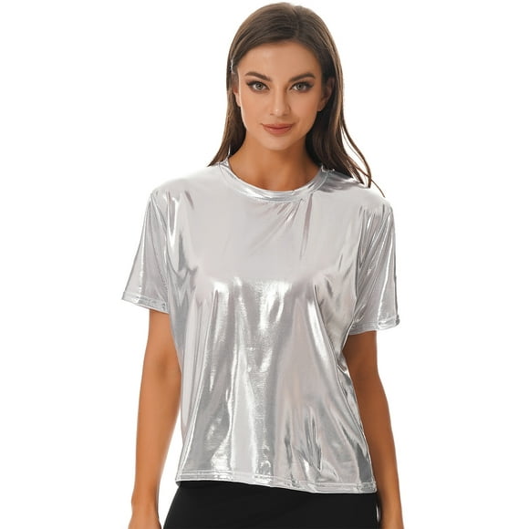Kaerm Women Shiny Metallic Top Short Sleeve T-shirt Rave Crop Top Festival Party Clubwear Silver M
