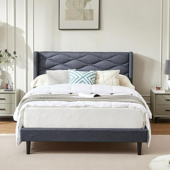 Upholstered Platform Bed Frame, Full Size Bed with Wood Frame, Linen Fabric Headboard, No Box Spring Required (Full Size) - LV01-F