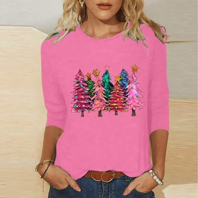 FcBaudy Hauts pour Femmes, Blouses & Chemises à Manches Longues Col Rond, Chemises pour Femmes Mode de Noël T-shirt Décontracté Imprimé Col Rond Manches 3/4 Blouse Femme Blouse en Polyester
