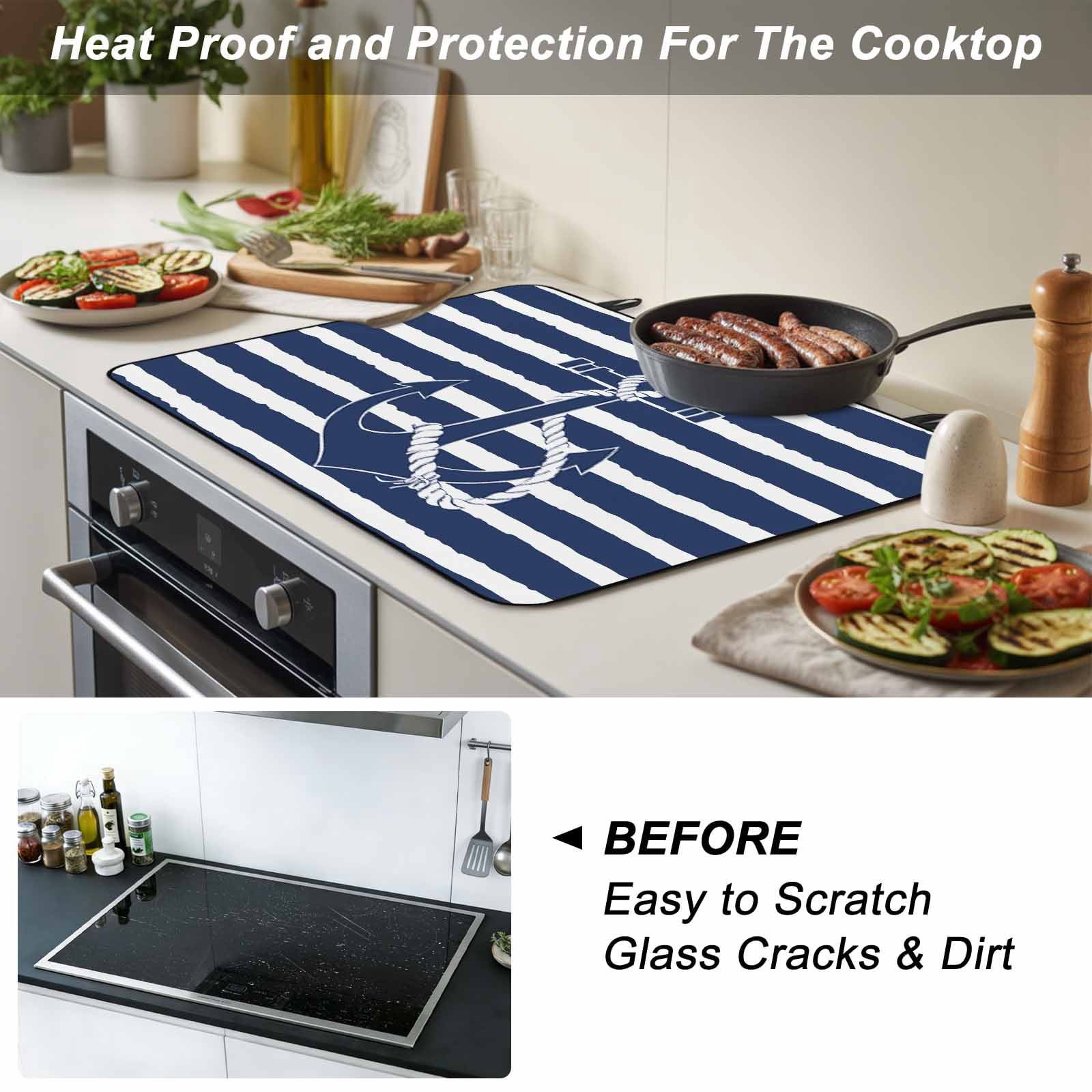 Navy Blue Anchor Nautical Stove Top Cover for Electric Stove, Heat-proof & Non Slip Glass Top Stove Cover Protector, Navy Blue Striped Farmhouse Kitchen Flat Cooktop Rubber Mat 24x21 Inches