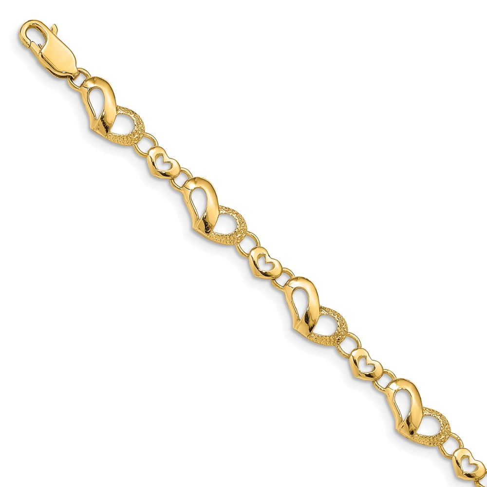 14k Yellow Gold Heart Bracelet - with Secure Lobster Lock Clasp 7.5 ...