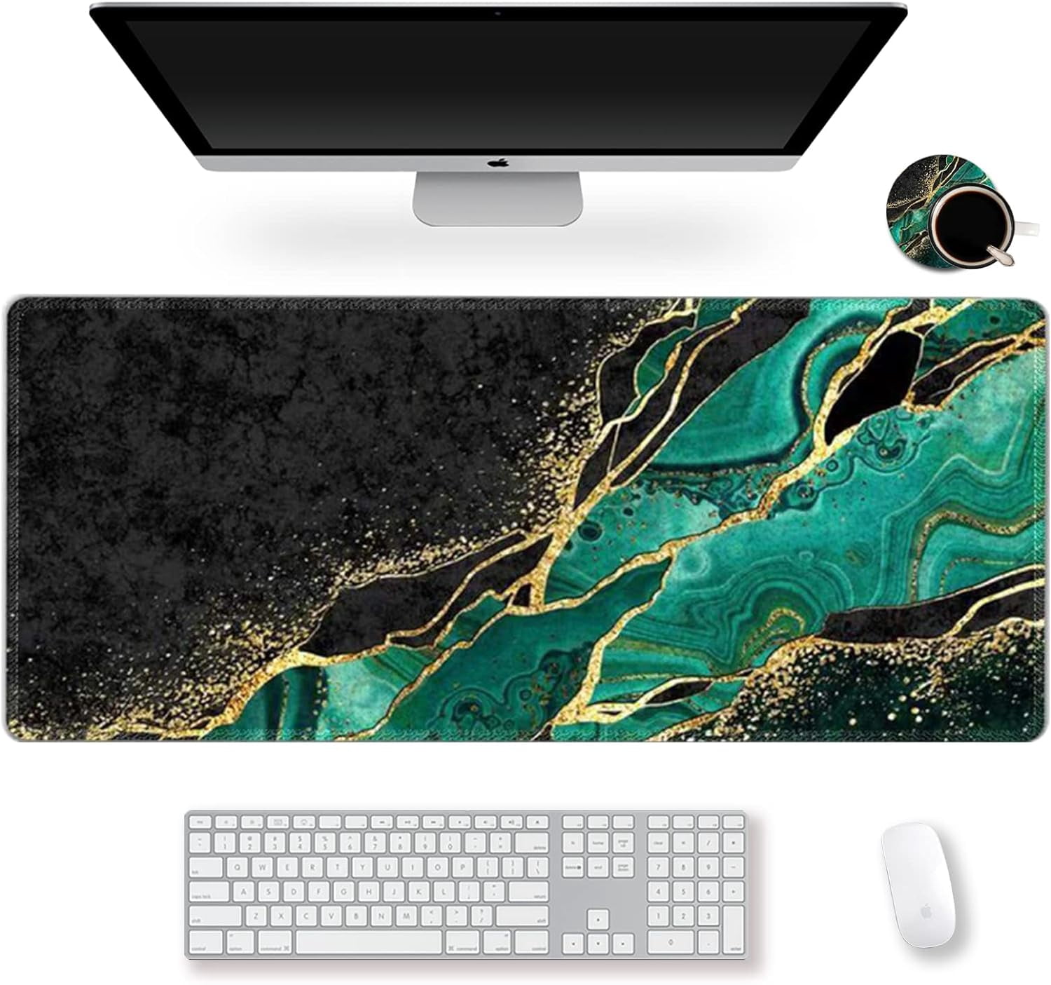 Large Gaming Mouse Pad Extended Desk Pad XL Keyboard Mat Long Mousepad Decor Writing Pad 31.5x11.8inch Non Slip Rubber Base with Stitched Edges for Work, Game -Emerald Marble