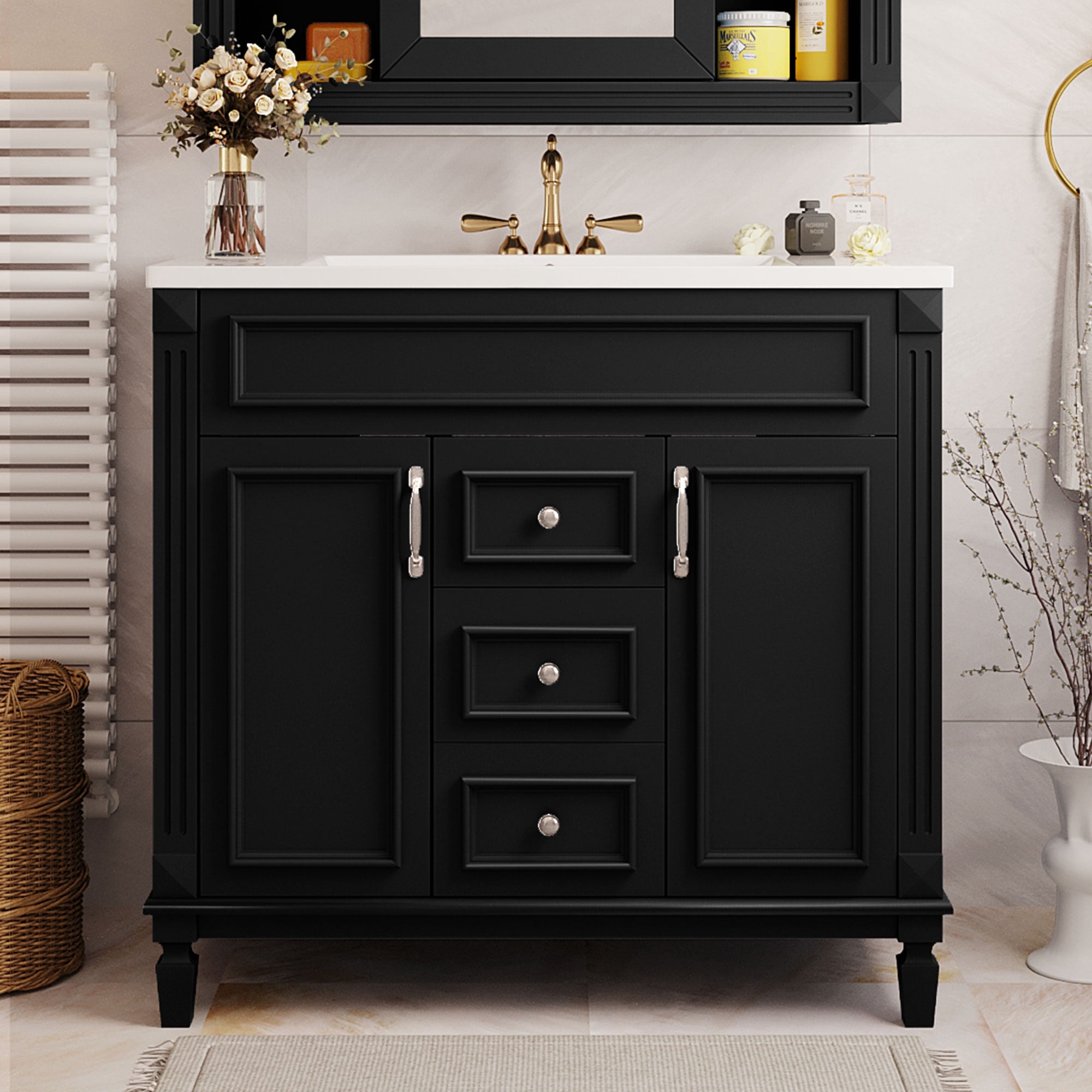 Euroco Modern Bathroom Vanity with Sink – 3-Hole Basin, Concealed Storage, Soft-Close Doors & Drawer – Freestanding Bathroom Cabinet with Water-Resistant Finish, Easy Assembly