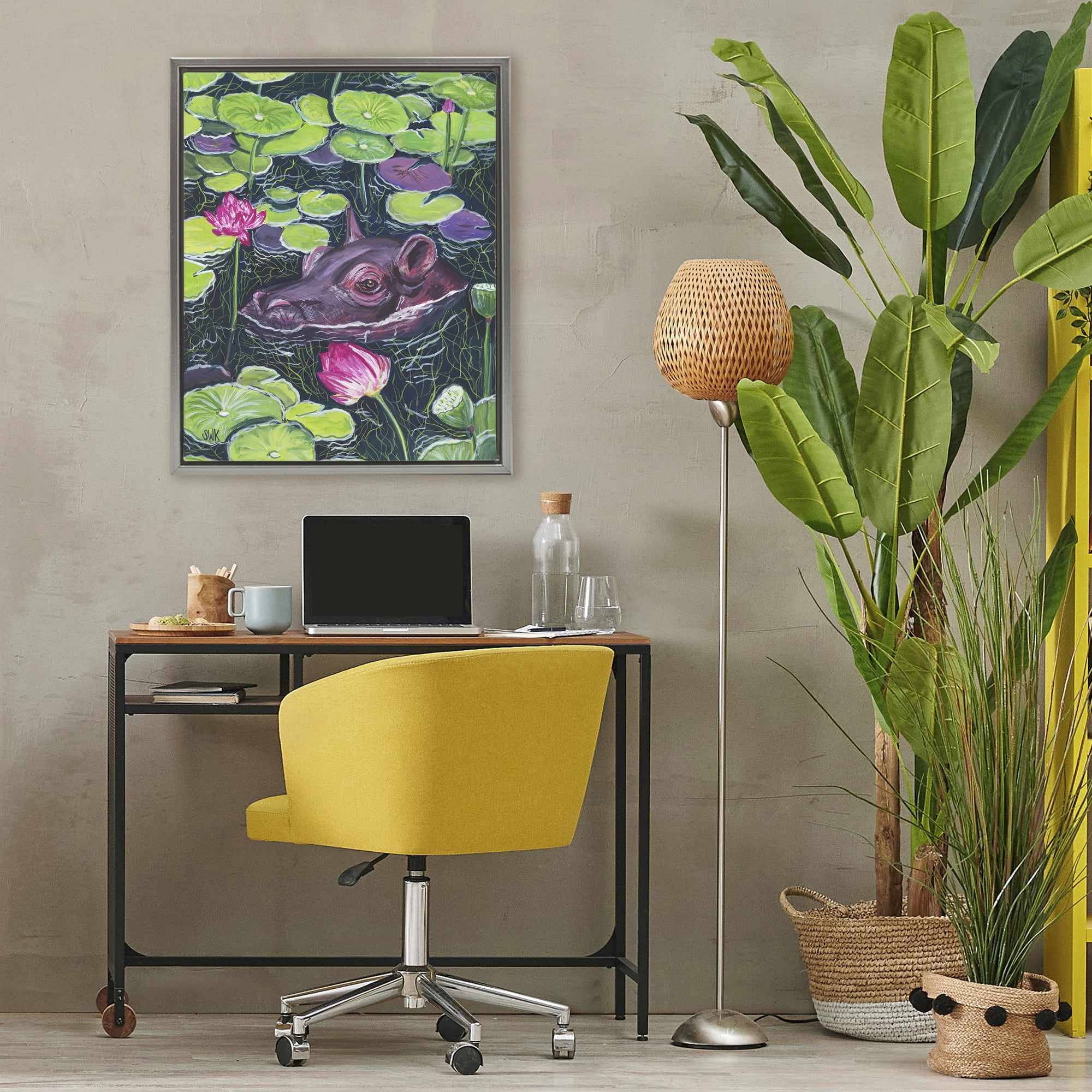 Stupell Industries Hippo & Blossoms Pond Gray Framed Floater Canvas Wall Art, design by Sarah Waldron Kimball