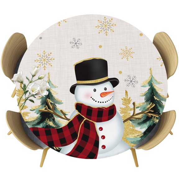 Round Fitted Tablecloths with Elastic Edge Snowman Christmas Tree Oil-Proof Waterproof Wipeable Table Cover for Kitchen Dining Party Decor Winter Snowflake Table Clothes,36" - 44"