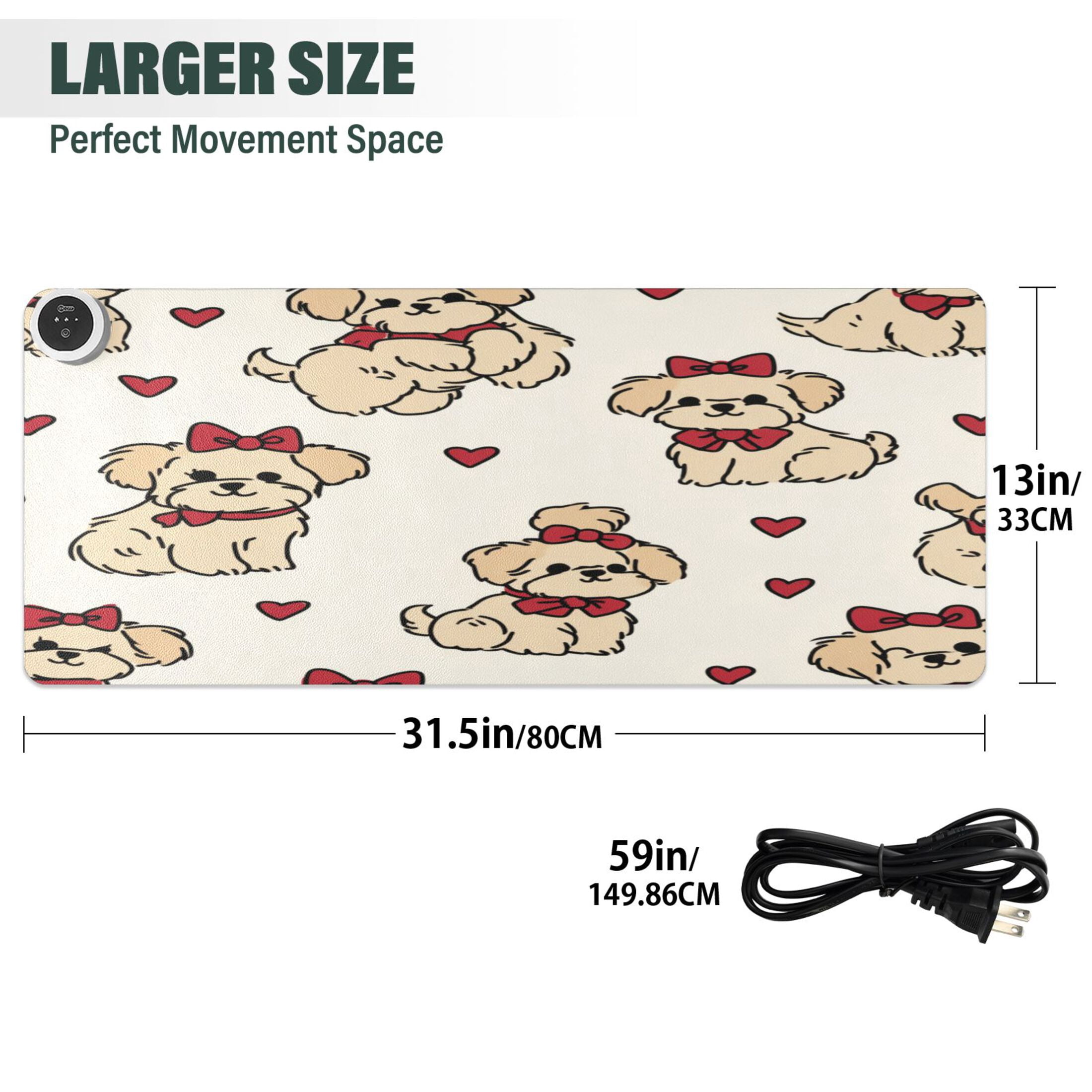 Large Heated Desk Mat Mouse Pad 31.5"x13"PU Leather Graphene Heating Desk Warmer with 3 Temperature Settings 110V US Plug Non-Slip Warm Pad for Home, Office, and Gaming Whimsical Puppy Bow Pattern