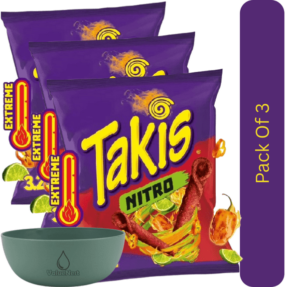 Takis Nitro Spicy Rolled Tortilla Chips, Habanero Lime Flavor, 3.25 oz Snack Size Bag With Olive Green Bowl By ValueNest