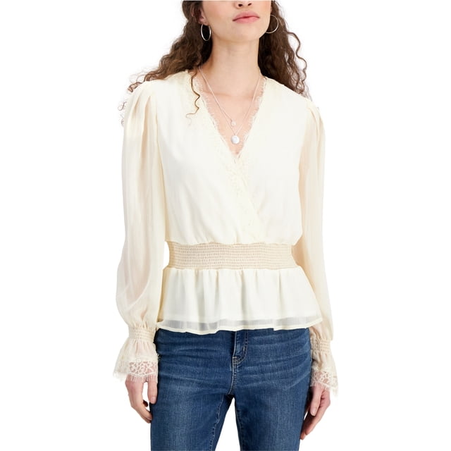 Self E Womens Lace Trim Peasant Blouse, ivory, Juniors, M