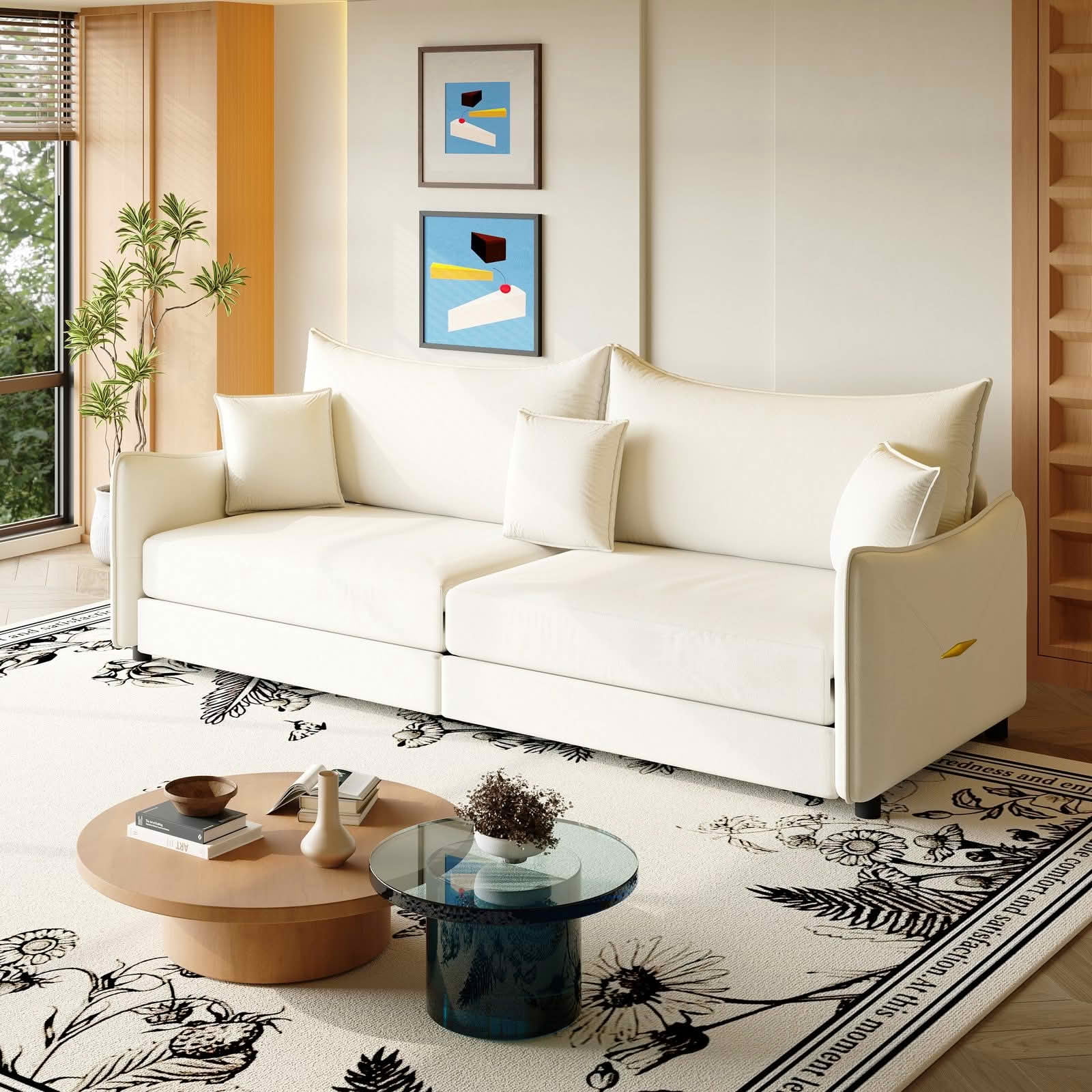 MAYEERTY 81.9" King Pull‑Out Velvet Sofa Bed, 3‑in‑1 Convertible 3‑Seater Couch with Golden Accent, 3 Pillows Included for Small Space & Living Room