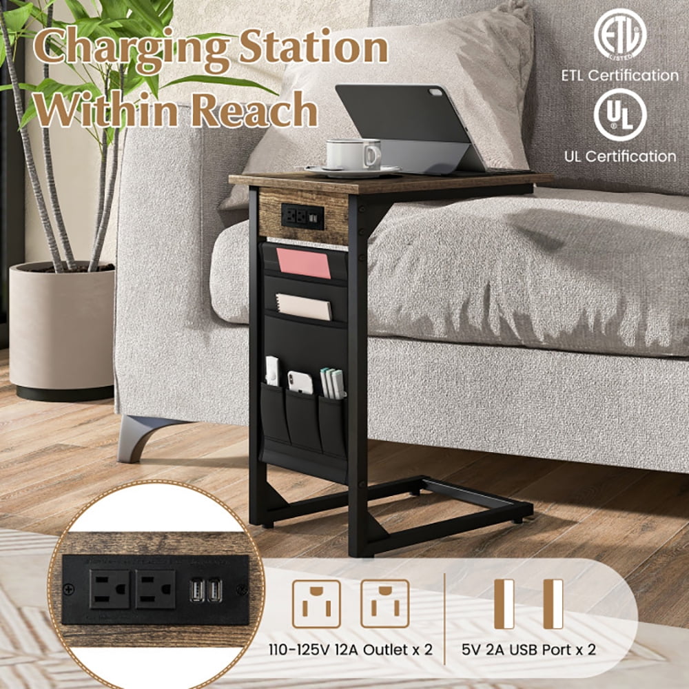 Finihen End Table, Set of 2 C Shaped End Table with Charging Station, Sofa Side Table, Bed Side Table, for Living Room, Bedroom, Rustic Brown Finihen End Table, Set of 2 C Shaped End Table with Charging Station, Sofa Side Table, Bed Side Table, for Living Room, Bedroom, Rustic Brown
