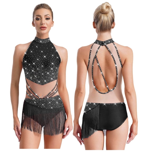 Hansber Latin Dance Dress for Women Sleeveless Sparkly Tassel Fringe Bodysuit Rumba Samba Salsa Tango Dancewear Black L