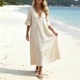 thumbnail image 4 of Ayolanni Cotton Summer Dresses for Women 2026 Short Sleeve Flutter Sleeve V-Neck Solid Maxi A-Line Dress Elegant Casual Hollow Out Flare Vacation Sundress Beige L, 4 of 7