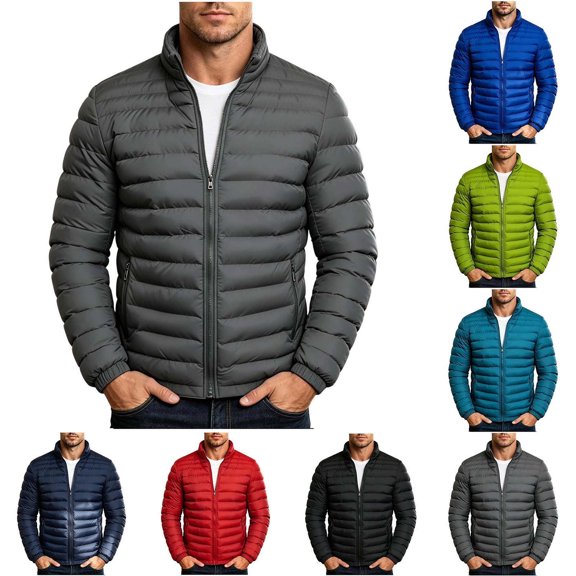 Men Stand Collar Puffer Jacket Full Zip Packable Quilted Outerwear Zipper Side Pockets Warm Casual Coat for Daily Commute Travel Camping Cold Weather Outdoor Wear Gray XL