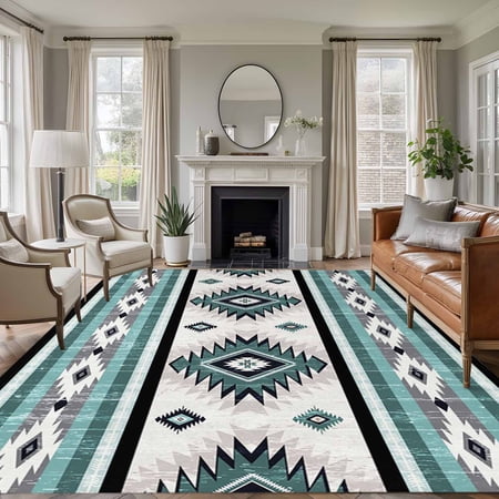 5x7 Washable Area Rug Teal Green Non-Slip Large Rectangle Rug for Living Room Bedroom Southwestern Native Aztec Ethnic Style Geometric Indoor Floor Mat for Home Decor