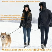 Unisex Winter Leather Trapper Hat Faux Fur,Windproof Pilot Cap Ushanka Russian Hats for Men Women