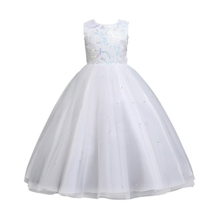 

LWZWM Baby Dresses Modest Dress Sleeveless Round Neck Princess Bow Tie Lace Flowers Mesh Teen Girl Gifts White 9-10 Years