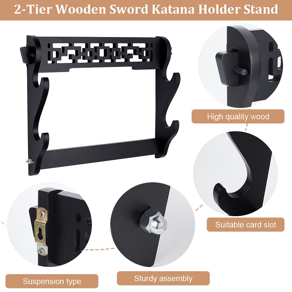 1set Wooden Katana Holder Stand Bracket Samurai Display Easels Black Fihished Product: 7.9x38.4x28.8cm