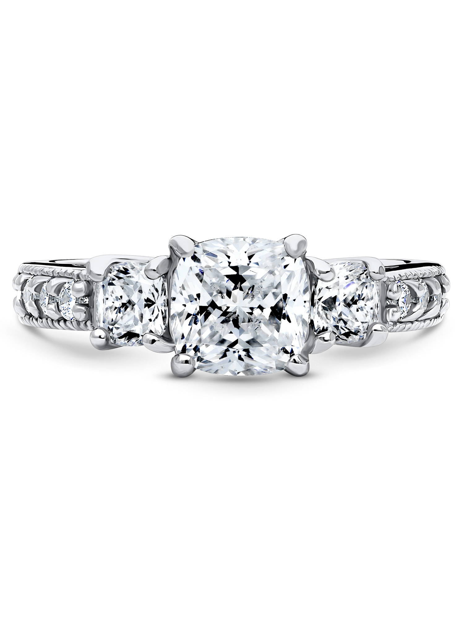 BERRICLE Sterling Silver 3-Stone Wedding Engagement Rings 1.5 Carat Cushion Cut Cubic Zirconia CZ Promise Ring for Women, Rhodium Plated Size 10
