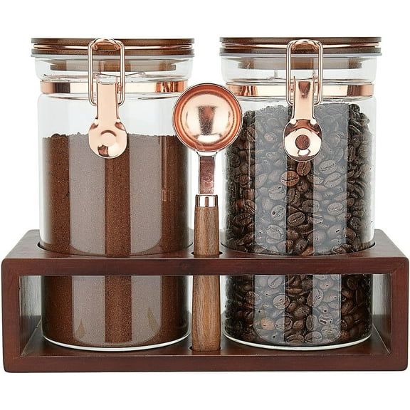 Glass coffee container with wooden stand, coffee bean storage with sealing closure clip and copper spoon, large capacity food storage jar for kitchen, ground coffee container