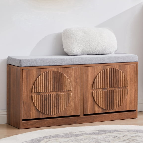 LEFHDA Shoe Storage Bench with Cushion & Flip Drawers, 39.3" Wooden Entryway Bench with Adjustable Shelves, Fluted Pattern for Hallway, Living Room, Bedroom(Walnut)