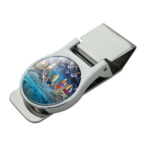 Ocean Shore Lighthouse Beach Slice of Life Satin Chrome Plated Metal Money Clip