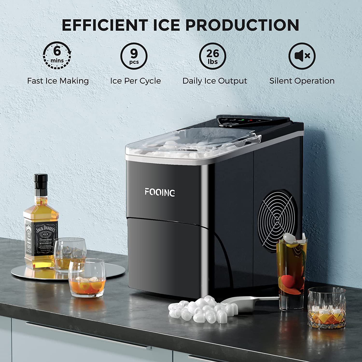 Electric Countertop Ice Maker Machine 8 Mins 9 Bullet Ice, 26lbs/24hrs,  ManVi Tabletop Ice Makers Portable Ice Cube Maker with Ice Scoop and  Basket