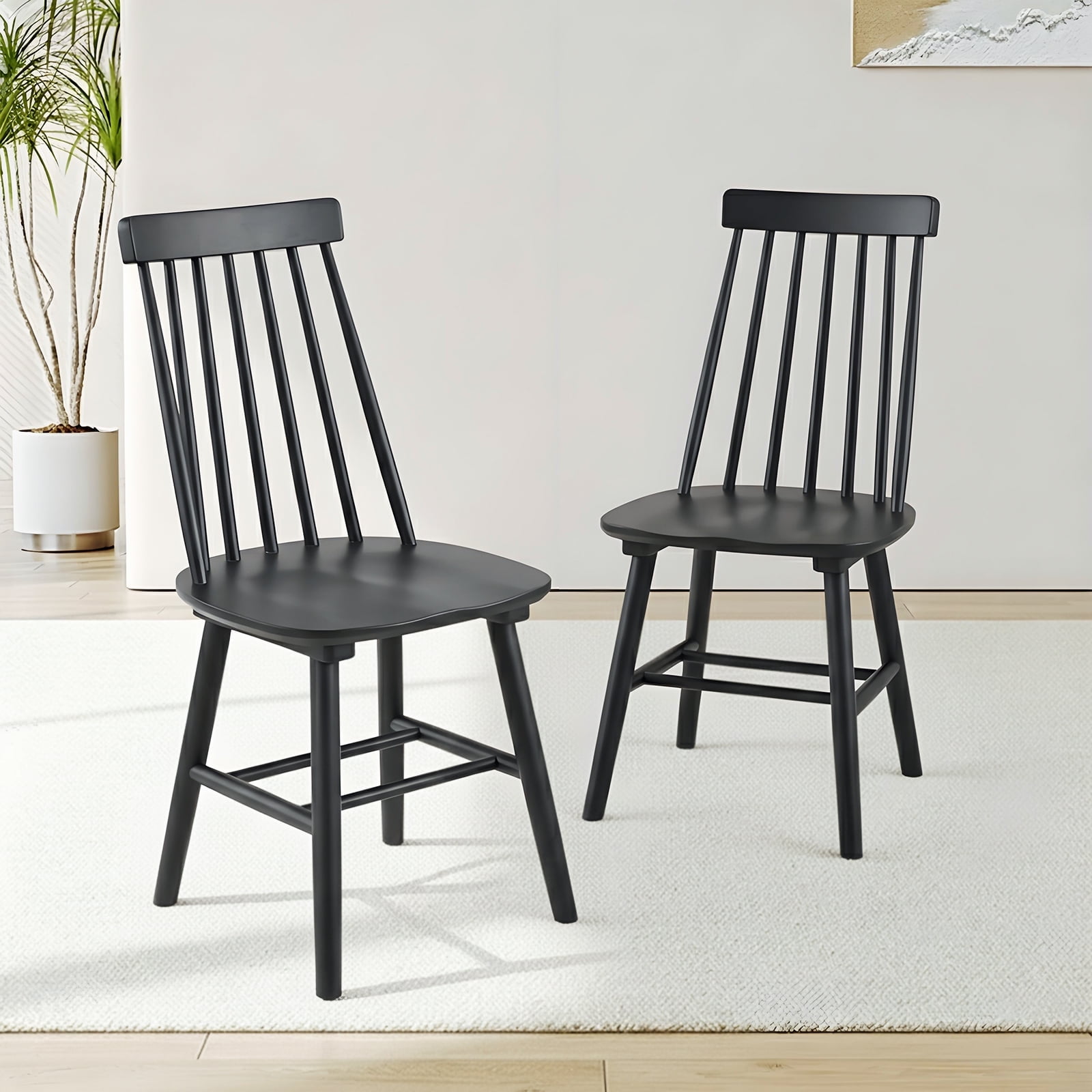 Farmhouse Wooden Dining Chairs Set of 2, Windsor Spindle Back Chair for Kitchen & Dining Room, Black