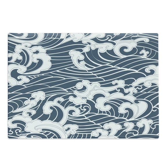 Japanese Wave Cutting Board, Hand Drawn Traditional Style Aquatic Doodle River Storm Retro Abstract, Decorative Tempered Glass Cutting and Serving Board, Large Size, Slate Blue White, by Ambesonne