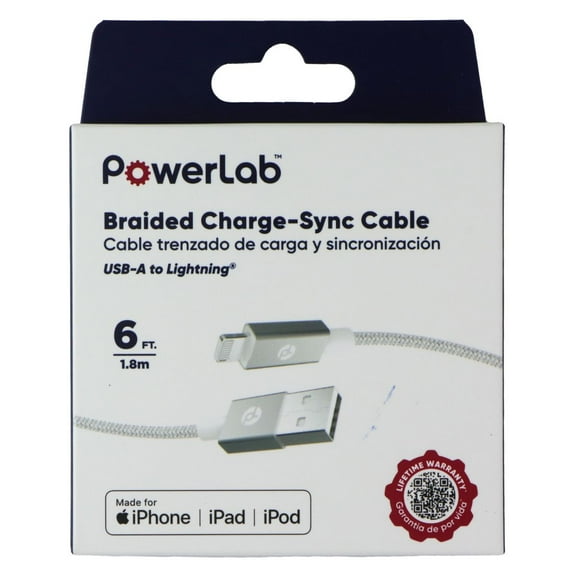 PowerLab 6FT USB-A to Lightning 8-Pin Braided Charge-Sync Cable - White
