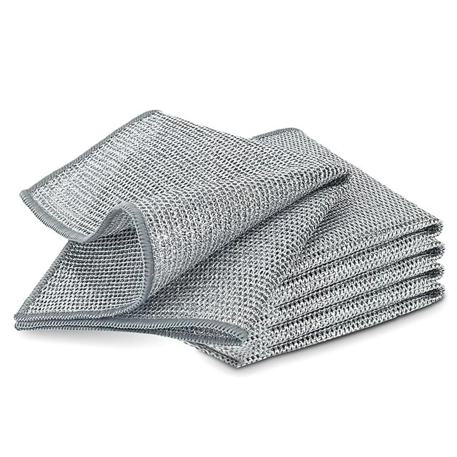 YinQin 5 PCS Double Layer Wire Dishwashing Cloths Non Scratch Stainless Steel Mesh Cleaning Cloth 20x20 cm Two Layer Multi Purpose Metal Wire Dish Cloths Rag Towel for Kitchen, Dish, Sink, Stove Top