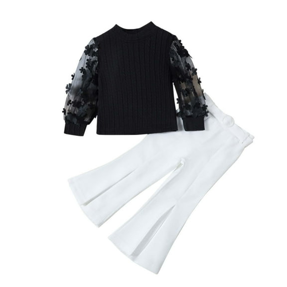 Odeerbi 18M-6Y Toddler Girls Cotton Outfits Tulle Long Sleeve Rib Knit Tops Flared Suit Pants Two-piece Set Toddler Girls Clothes