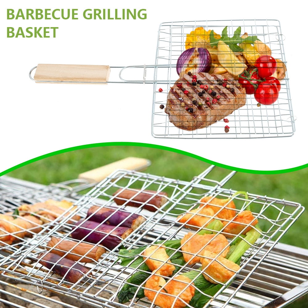 BBQ Net Barbecue Grilling Basket Mesh Steak Fish Meat Vegetable Tool Wood Handle 