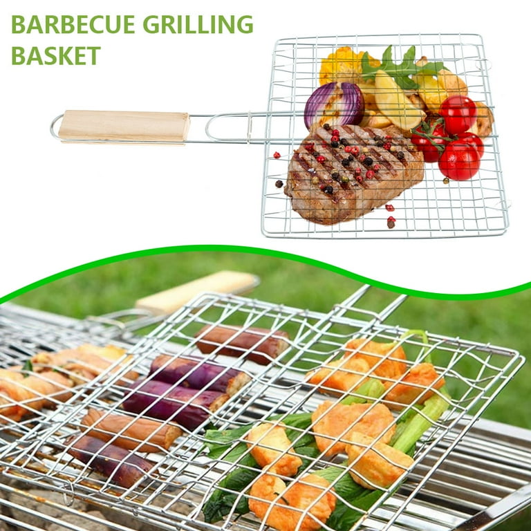 VOXPOA Grill Accessories, Grill Basket and Grill Rack, Portable Folding  Stainless Steel Fish Grilling Basket with Removable Handle for Vegetables