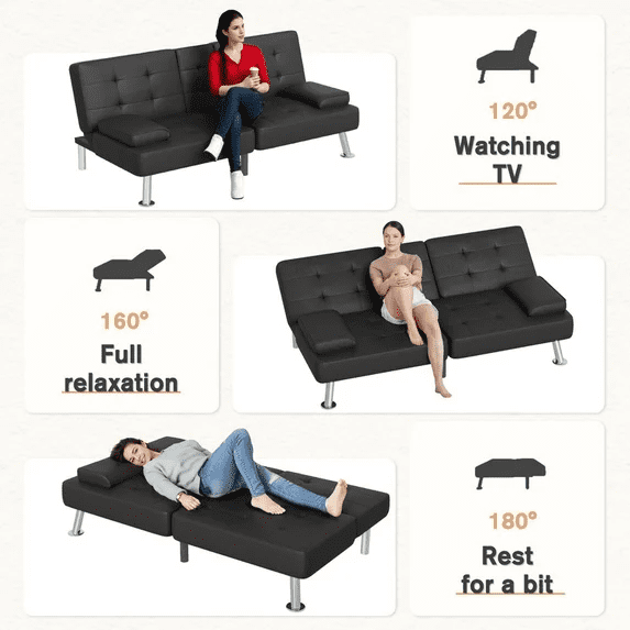 Lacoo 2-Pack Futon Sofa Bed Modern Convertible Sleeper Couch with Removable Armrests & Cup Holders for Living Room,Small Spaces,PU Leather Black