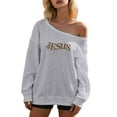 thumbnail image 2 of Fall Sweatshirts for Women 2025 Long Sleeve One Shoulder Grey Letter Graphic Oversized Sweatshirt Pullover Tops, 2 of 4