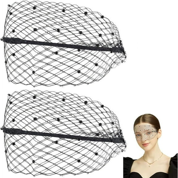 2 pc 2Pcs Mesh Veil Headband Black Polyester Bridal Wedding Veil Vintage Fascinator Mesh Lace Headband Tea Party Headwear with Veil and Plastic Beads for Women