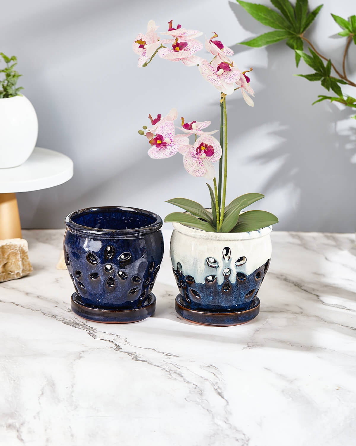 4 Inch Ceramic Orchid Pots with Holes and Saucers - 2 Pcs Small Ceramic Orchid Planter Pots for Repotting, Plant Garden Pots for Orchid Indoor and Outdoor Promotes Air Circulation (Blue, Blue Mixed)