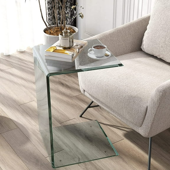 Slim Glass End Table, C-Shaped Side Table for Living Room, Clear Tempered Glass Nightstand for Bedroom, Small Spaces