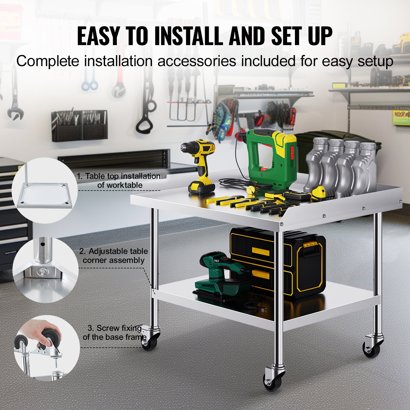 KFFKFF 30 x 36 x 30 Inches Commercial Grade Stainless Steel Work Table, Heavy Duty Metal Equipped with 4 Mobile Wheels, 3-Sided Backsplash for Enhanced Durability, Ideal for Restaurant, Home