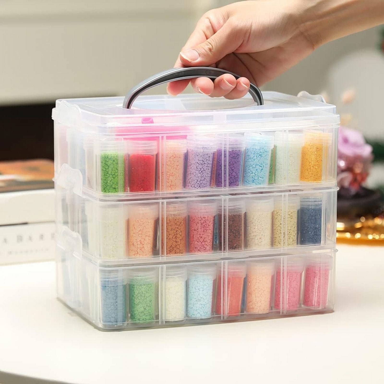 -Painting Storage Container, 3-Tier Stackable Bead Organizer with Carrying Handle, Craft Storage Box