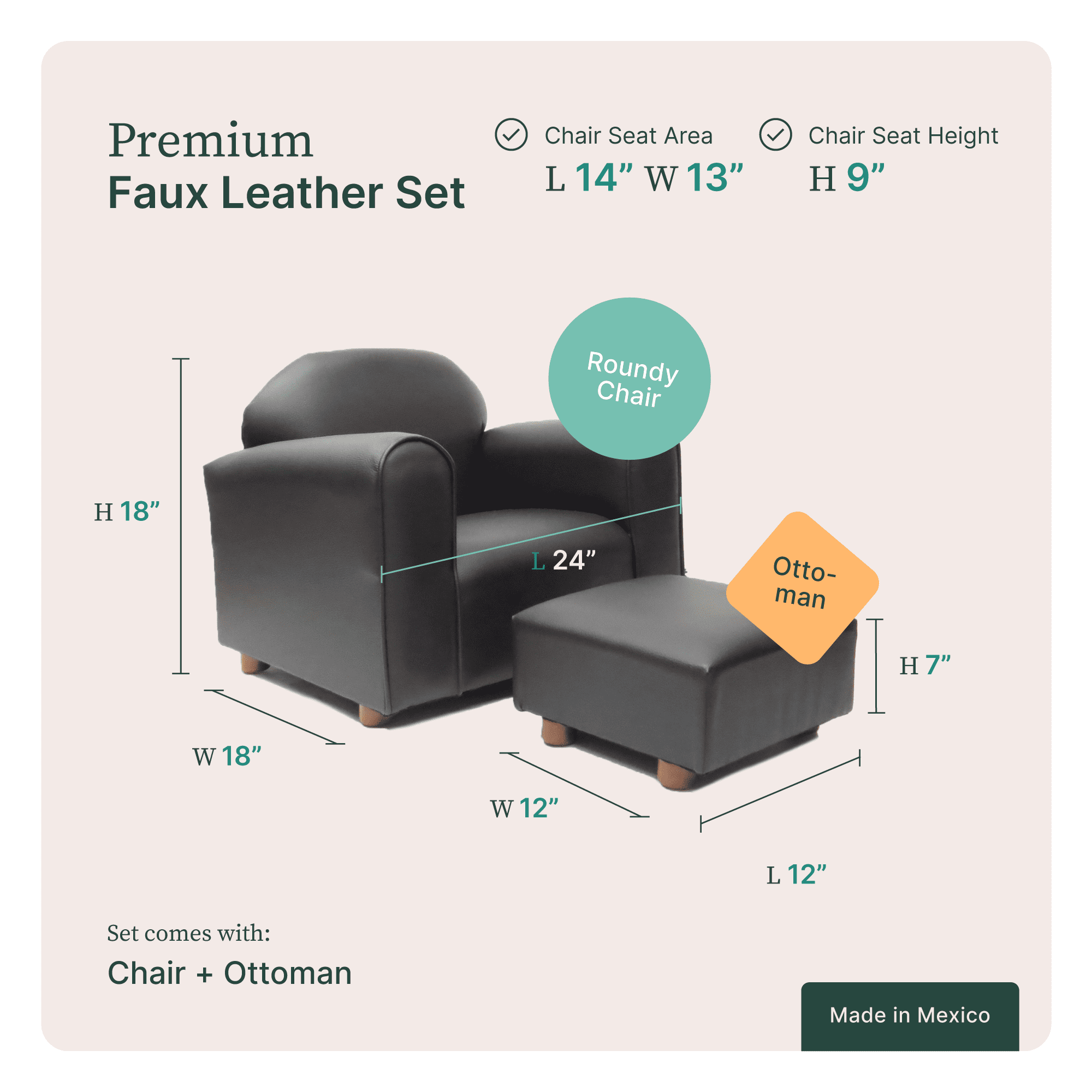 Keet Premium Chocolate Children's Chair, Heavy Duty Faux Leather with Ottoman