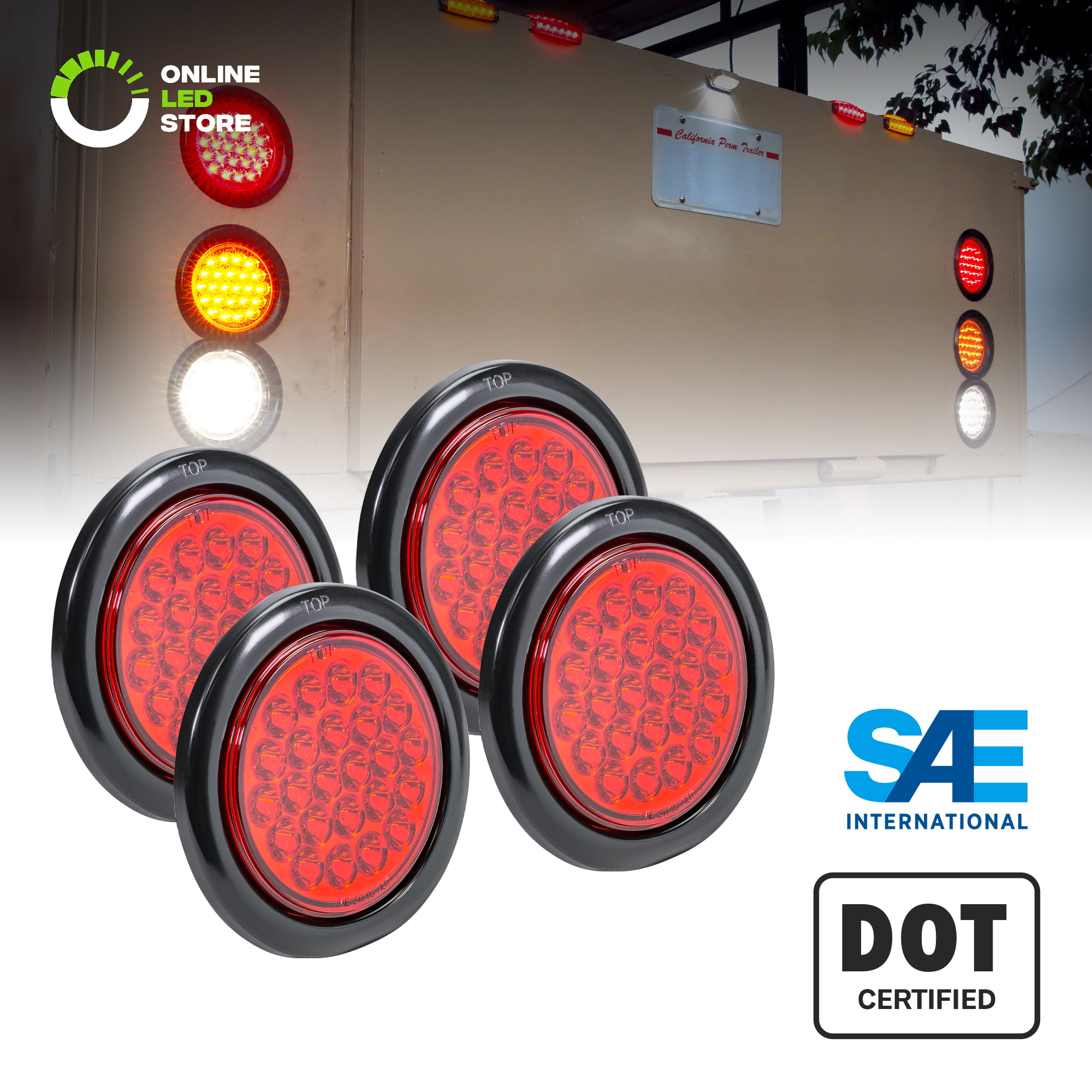 Grommet & Plug Included DOT Certified IP67 Waterproof Turn Stop Brake Trailer Lights for RV Jeep Trucks 4 Round Red 24 LED Trailer Tail Lights 