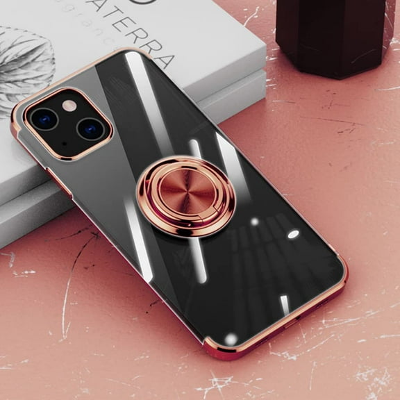 Compatible with iPhone 13 Clear Case Ring Holder Stand Plating Edge 360¡ã Rotation Kickstand Shockproof Cover for Women Slim Soft Flexible TPU Protective Cover Case (6.1Inch), Rose Gold