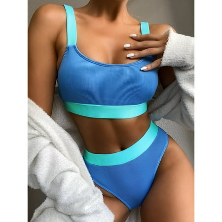 Zpanxa Women s Bikini Sets High Waisted Two Piece Swimsuits Sporty Color Block Cheeky High Cut Bathing Suits Blue S