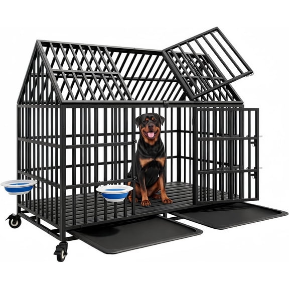 54" Heavy Duty Dog Crate, Indestructible Kennel for Giant Dogs Steel Dog Kennel Indoor, Escape-proof Cage for high anxiety dogs, 2 Removable Trays.