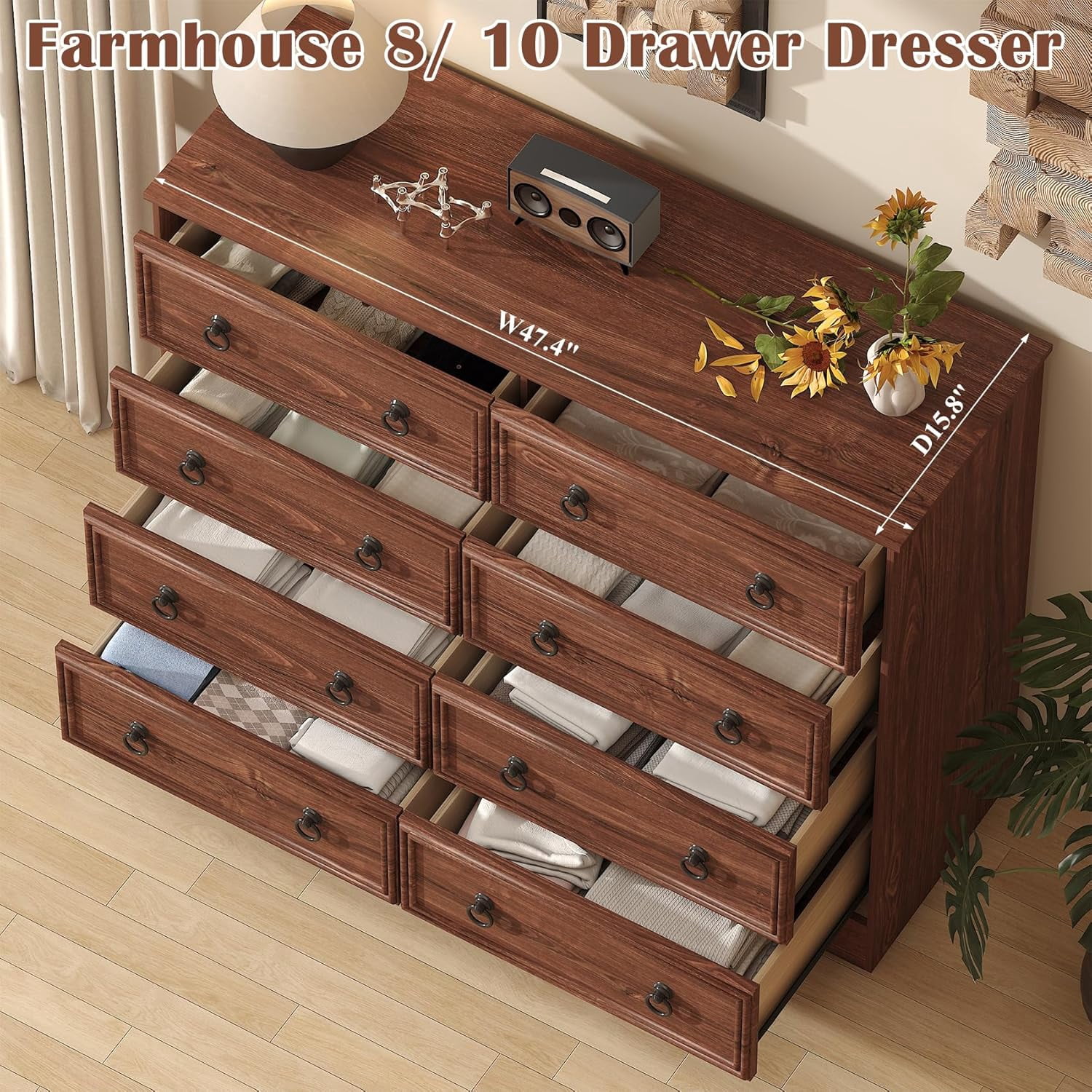 Meteorleg 8 Drawer Dresser for Bedroom, Large Dressers & Chests of Drawers, TV Stand for 55 inch, Storage Organizer Furniture, Hallway, Entryway, Closet, Cherry